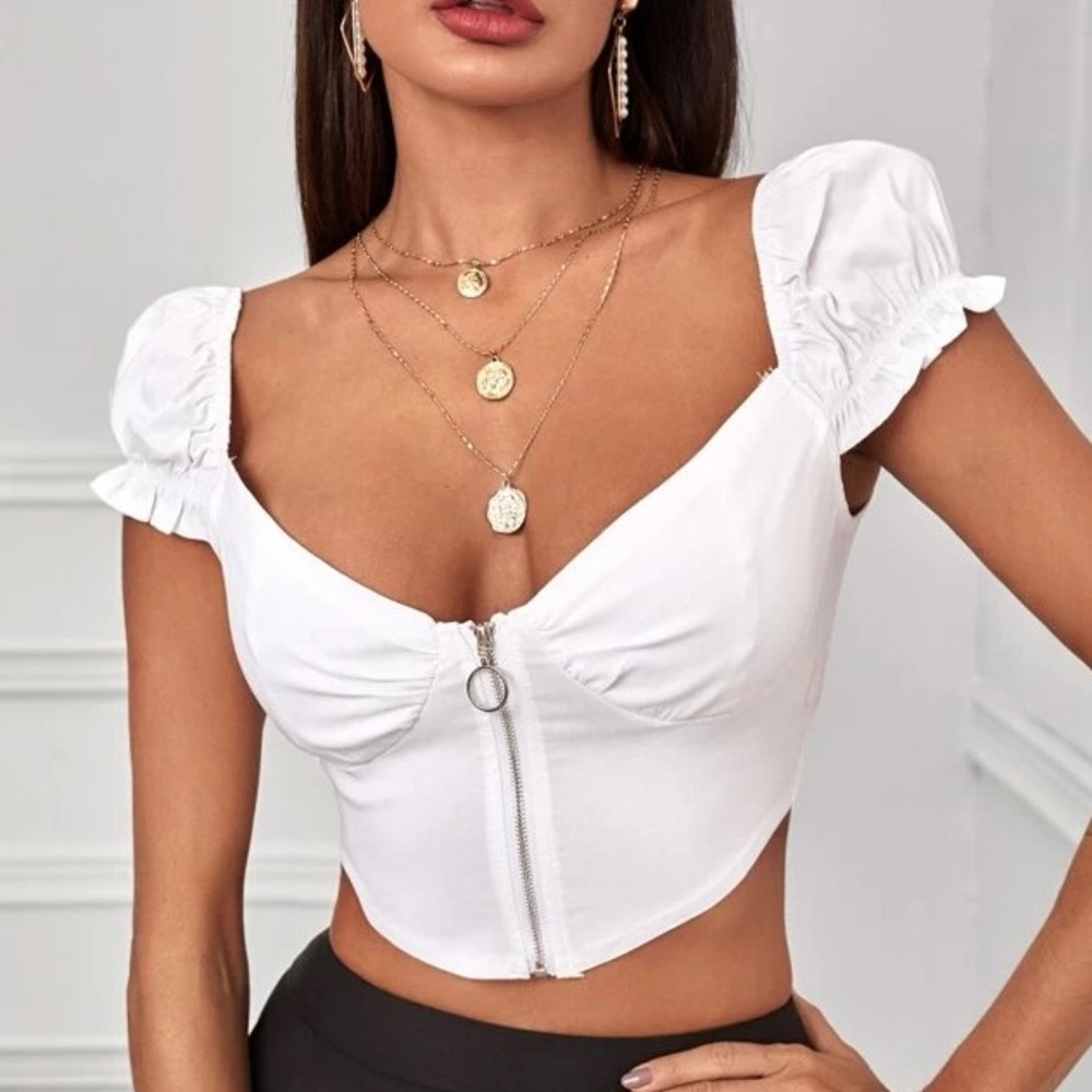 White Zip Front Puff Sleeve Crop Top